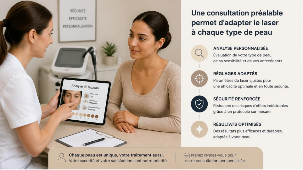 Une consultation pr&eacute;alable permet d'adapter le laser &agrave; chaque type de peau