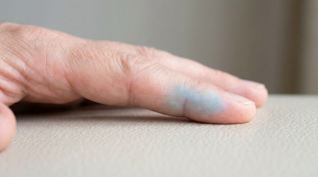 Doigt de la main pr&eacute;sentant une coloration bleu violet localis&eacute;e