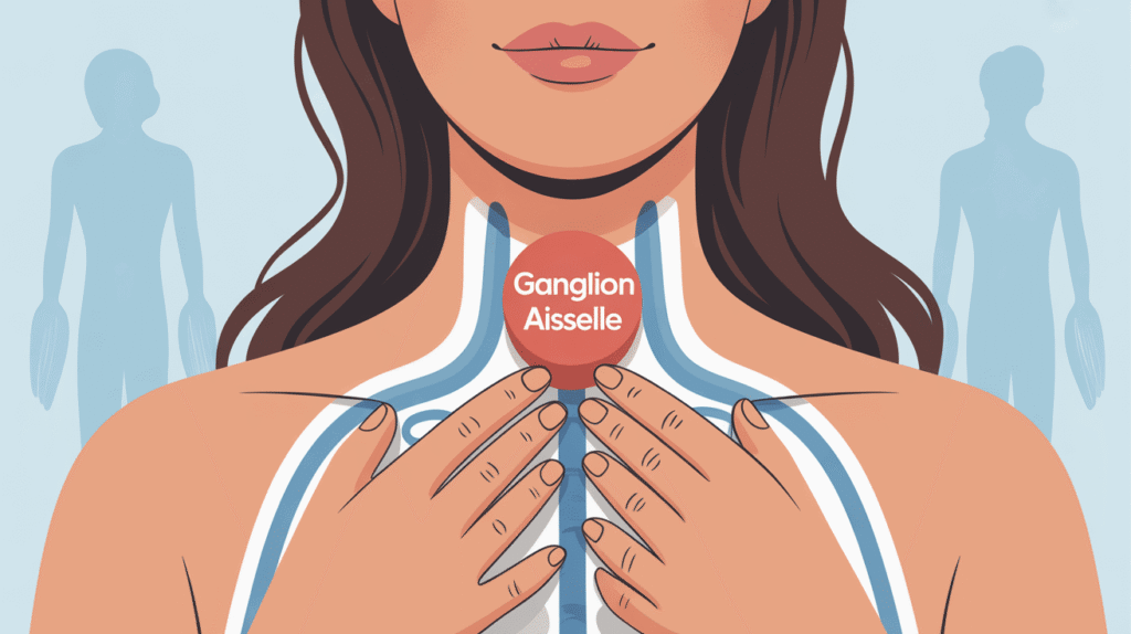 Illustration de la zone sous l'aisselle avec ganglions, follicules pileux et peau