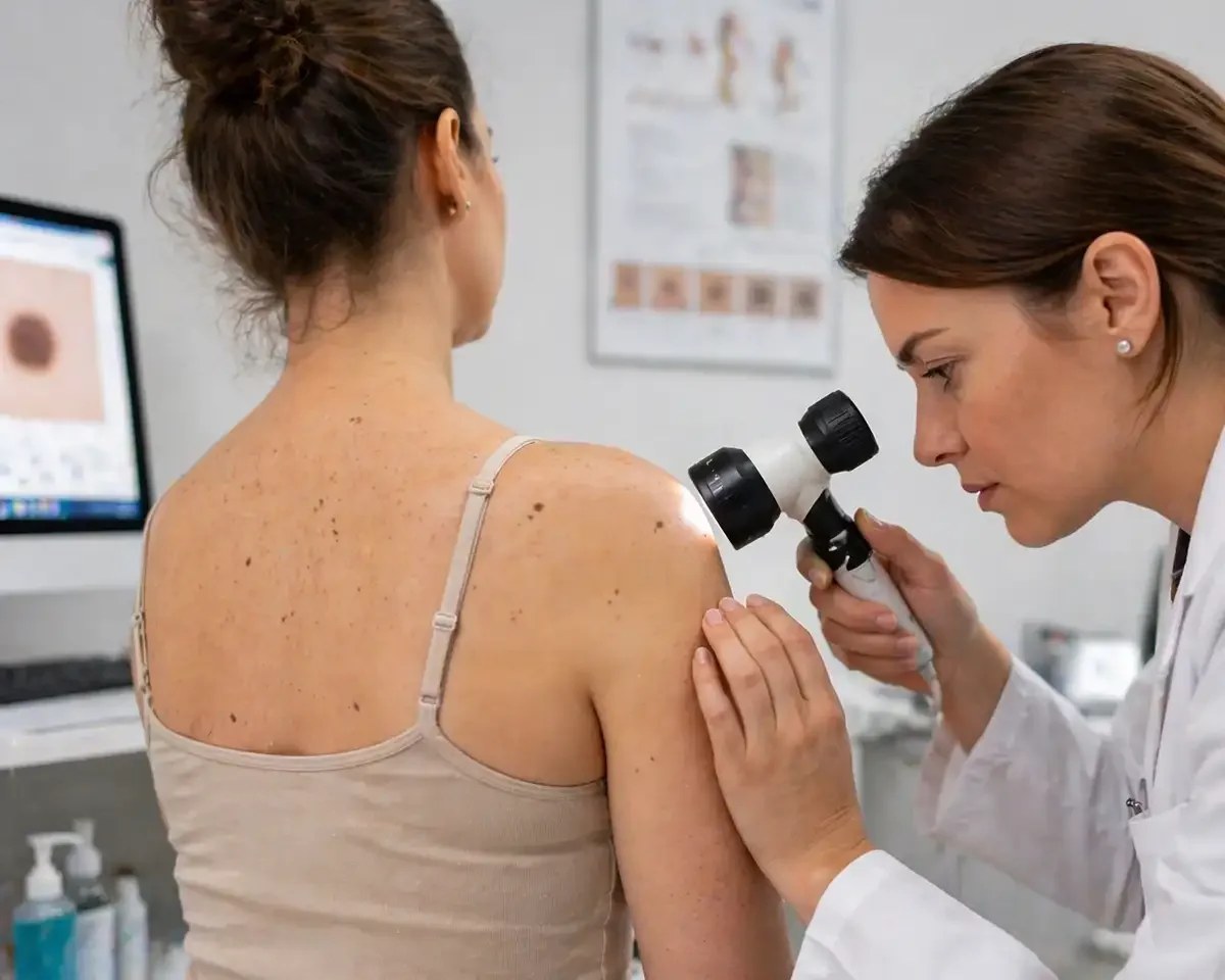 Dermatologue examinant la peau d'un patient lors d'une consultation à Lyon