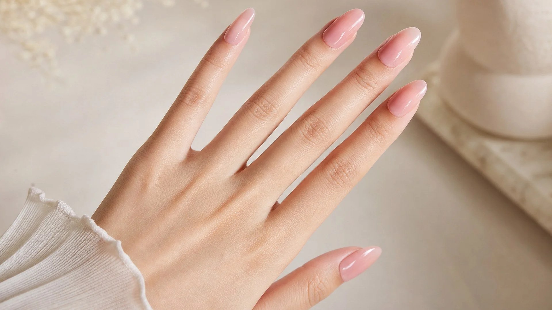 Ongle beige rose avec une manucure soignée et une forme arrondie